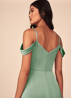 Azazie Ocean Bridesmaid Dresses Agave A-Line V-Neck Pleated Stretch Satin Dress image5