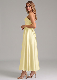 Azazie Lucienne Bridesmaid Dresses Lemon Sorbet A-Line Pleated Stretch Satin Dress image3