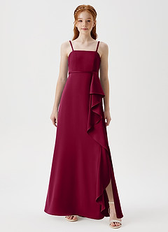Azazie Kaylee Junior Robe Trapèze en Satin extensible avec ceinture Bourgogne image3