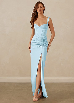 Christian Siriano Bridal for Azazie 1017 Vestidos de damas de honor Vestido de Azul Cielo de Satén Elástico de Corte Recto con Escote de Corazón image1