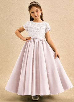 Azazie Cashew Flower Girl Dresses Blushing Pink Ball-Gown with Sleeves Matte Satin Dress image2