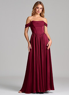 Azazie Raisa Bridesmaid Dresses Burgundy A-Line Off the Shoulder Stretch Satin Dress image4