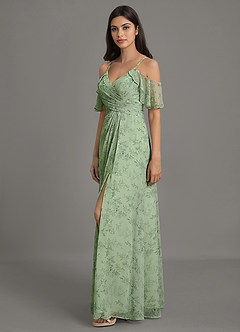 Azazie Dakota Bridesmaid Dresses Green Fern Floral A-Line V-Neck Pleated Chiffon Dress image3