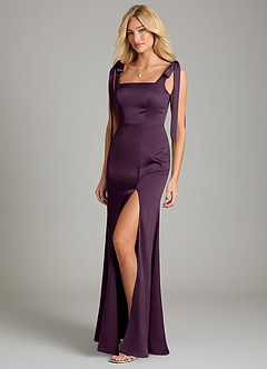 Azazie Frostine Bridesmaid Dresses Plum A-Line Bow Stretch Satin Dress image1