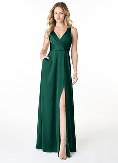 Azazie Nelly Bridesmaid Dresses Emerald A-Line V-Neck Pleated Stretch Satin Dress image1