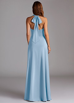 Azazie Myra Bridesmaid Dresses Powder Blue A-Line High Neck Stretch Satin Dress image6