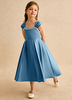 Azazie Yosemite Jurken voor bloemenmeisjes Baljurk Jurk van Mat Satijn Sweetheart Halslijn Staal Blauw image6