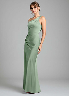 Azazie Madelyn Vestidos de damas de honor Vestido de Matcha de Satén Elástico de Corte Sirena Convertible con Hombro unilateral image6