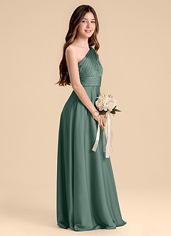 Azazie Charlize Junior Jurk van Stretch Satijn met A-Lijn Geplooid Eucalyptus image5