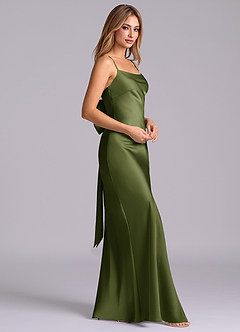 Azazie Kimberly Final Sale Olive Sheath Bow Stretch Satin Dress image3
