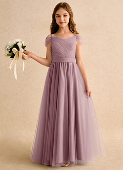 Azazie Yuna Junior Formal Flower Girl Dresses Dusty Rose A-Line Off the Shoulder Tulle Dress image3