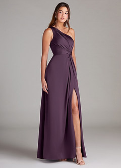 Azazie Brooke Bridesmaid Dresses Plum A-Line One Shoulder Stretch Satin Dress image4