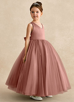 Azazie Peanut Robe Demoiselle D'honneur Fillette Robe Trapèze en Tulle Bretelle Rose De Cèdre image2
