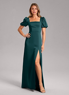 Azazie Fyona Bridesmaid Dresses Pine A-Line Pleated Stretch Satin Dress image1
