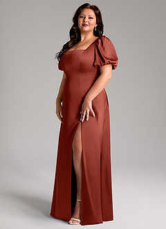 Azazie Fyona Bridesmaid Dresses Terracotta A-Line Pleated Stretch Satin Dress image10