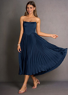 Azazie Strapless A-Line Midi Dresses in Navy