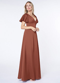 Azazie Lani Brautjungfernkleider A-Linie Volantärmel Stretch-Satin Kleid Rotbraun image4