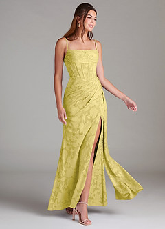 Azazie Denisa Bridesmaid Dresses Canary Sheath Pleated Floral Burnout Dress image4