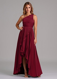 Azazie Lyrica Bridesmaid Dresses Burgundy A-Line One Shoulder Stretch Satin Dress image1