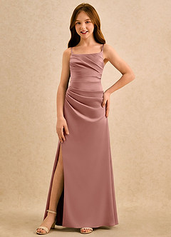 Azazie Cannoli Girls Formal Blumenmädchenkleider A-Linie Plissee Stretch-Satin Kleid Rosettenrosa image3