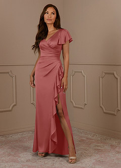 Azazie Roya Mère de la mariée Robes Robe Sirène en Satin extensible Col en V Plissé Antique Rose image1