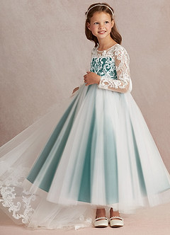 Azazie Elodie Blumenmädchenkleider Ballkleid Spitze Kleid Elfenbein Pfau image5