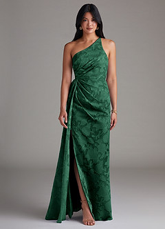 Azazie Mika Bridesmaid Dresses Dark Green Sheath One Shoulder Floral Burnout Dress image1