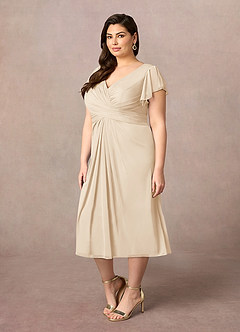 Azazie Vera Mother of the Bride Dresses Champagne A-Line V-Neck Pleated Mesh Dress image7