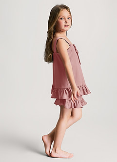 front Conjunto de pijama para niñas con top y pantalones cortos de satén con volantes