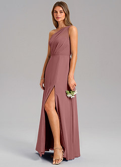 Azazie Phaedra Bridesmaid Dresses Desert Rose A-Line One Shoulder Chiffon Dress image5