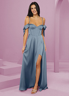 Barbie ♥ Azazie Bridesmaid Dresses Dusty Blue A-Line Off the Shoulder Stretch Satin Dress image6