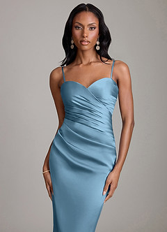 Azazie Sonora Vestidos de damas de honor Vestido de Azul Acero de Satén Elástico de Corte Recto con Sin tirantes image3