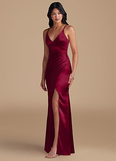 Azazie Shania Bridesmaid Dresses Burgundy Sheath Pleated Metallic Satin Dress image6