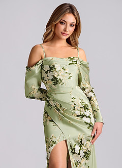 Azazie Hallie Jurken voor bruidsmeisjes Converteerbaar Jurk van Stretch Satijn met Zeemeermin Off-the-shoulder lange mouw Bloemenranken image2