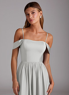 Azazie Calianna Jurken voor bruidsmeisjes Converteerbaar Jurk van Stretch Satijn met A-Lijn Off the Shoulder Zilver image2