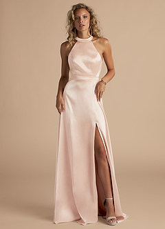 Azazie Clarice Bridesmaid Dresses Rose Gold A-Line High Neck Metallic Satin Dress image4