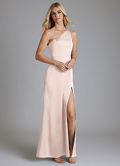 Azazie Phaedra Bridesmaid Dresses Blushing Pink A-Line One Shoulder Stretch Satin Dress image4