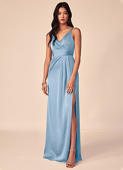 Azazie Aqua Jurken voor bruidsmeisjes Jurk van Stretch Satijn met A-Lijn V-hals geplooid Poederblauw image1