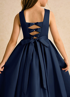Azazie Junebuj Flower Girl Dresses Dark Navy Ball-Gown Pleated Matte Satin Dress image7