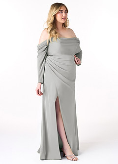 Azazie Hallie Bridesmaid Dresses Silver Sheath Off-The-Shoulder Long Sleeve Stretch Satin Convertible Dress image10