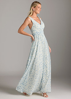 Azazie Kora Bridesmaid Dresses Blue And White Ditsy Floral A-Line Pleated Chiffon Dress image3