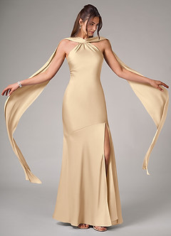 Azazie Kinsley Bridesmaid Dresses Champagne Mermaid Side Slit Stretch Satin Dress image2