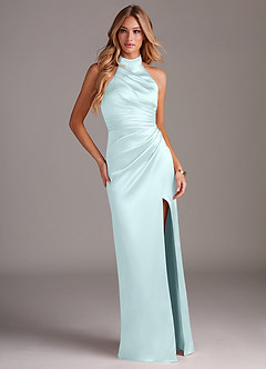 Azazie Jemma Bridesmaid Dresses Sea Glass Sheath Pleated Stretch Satin Dress image3