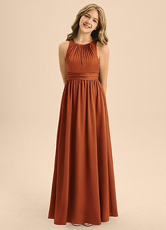 Azazie Jaylah Junior Cinnamon A-Line Pleated Stretch Satin Dress image5