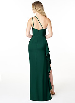 Azazie Latrice Bridesmaid Dresses Emerald Sheath One Shoulder Cascading Ruffles Stretch Satin Dress image2