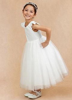 Azazie Hemi Flower Girl Dresses Ivory Dusty Blue A-Line Bow Tulle Dress image8
