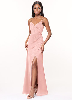 Azazie Maci Bridesmaid Dresses Powder Pink A-Line V-Neck Pleated Stretch Satin Dress image3