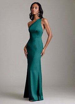 Azazie Voni Bridesmaid Dresses Peacock Mermaid One Shoulder Stretch Satin Dress image6