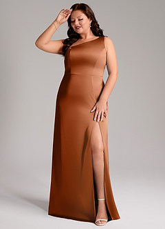 Azazie Phaedra Bridesmaid Dresses Copper A-Line One Shoulder Stretch Satin Dress image3