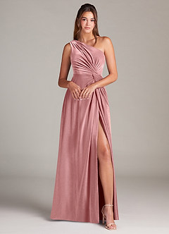 Azazie Brooke Bridesmaid Dresses Dusty Rose A-Line One Shoulder Velvet Dress image4